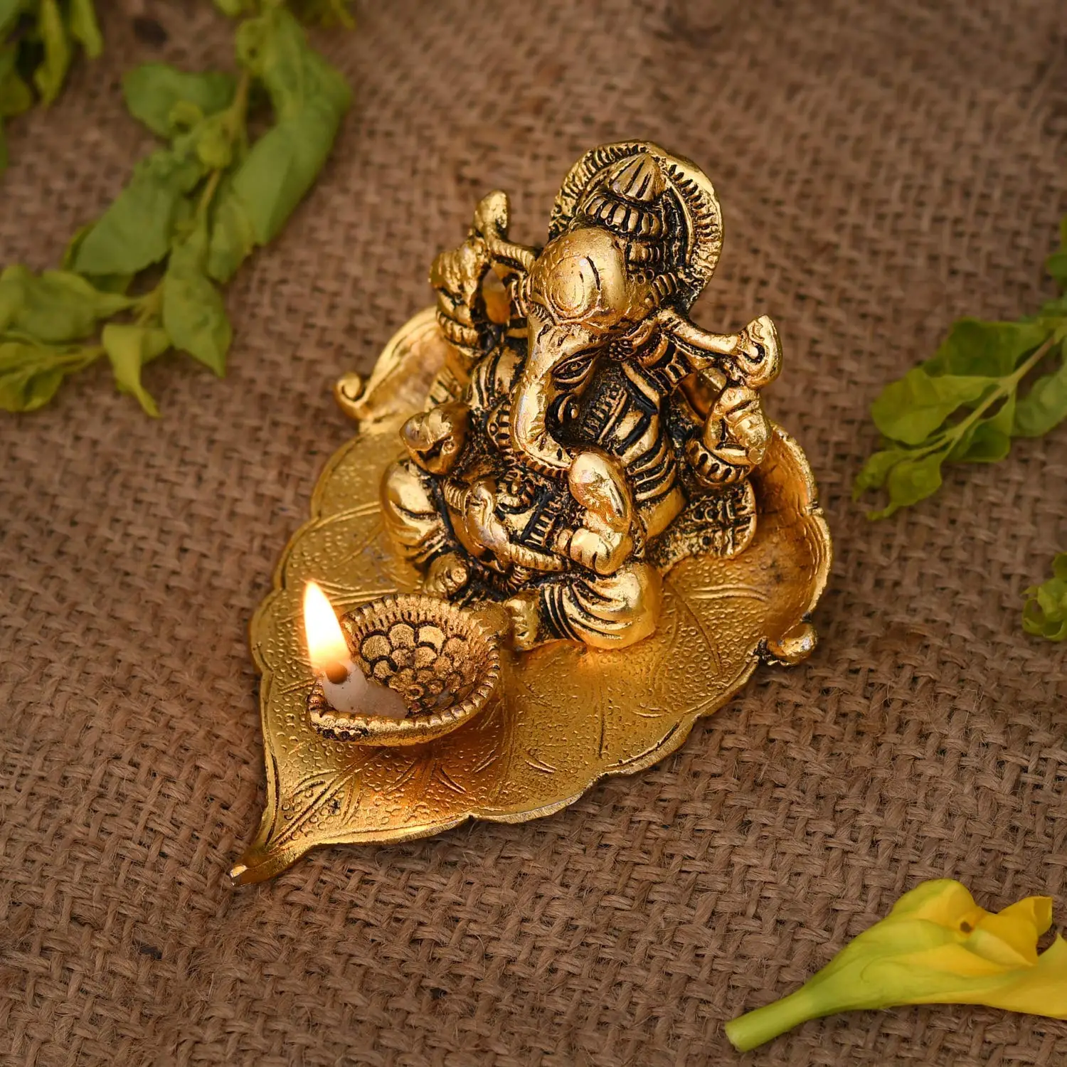 Ganesha on Leaf Metal Diya
