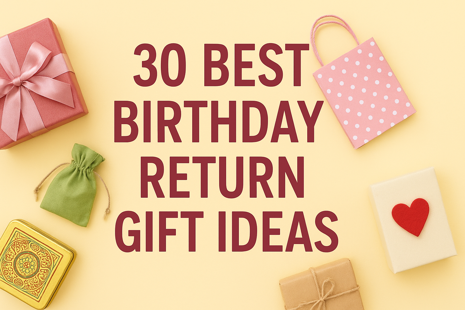 Birthday return gift ideas with colorful gift boxes and party favors.